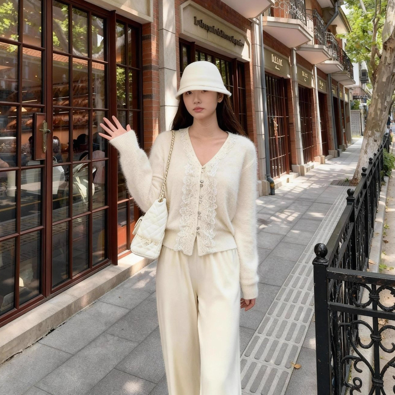 羊毛羊绒拉毛V领百搭毛衣宽松慵懒女开衫外套立体蕾丝重工针织女