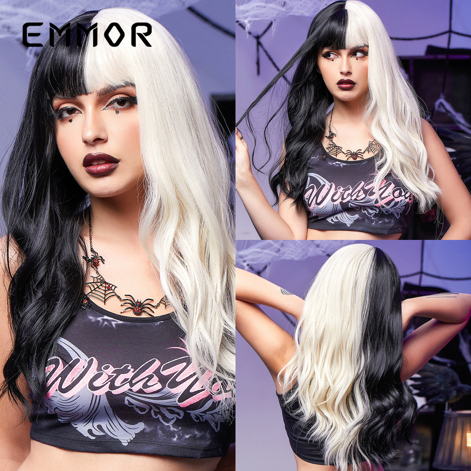 Mae La rojo gradiente de ocho caracteres flequillo grandes ondas cabello largo y rizado moda natural toda la peluca de Halloween