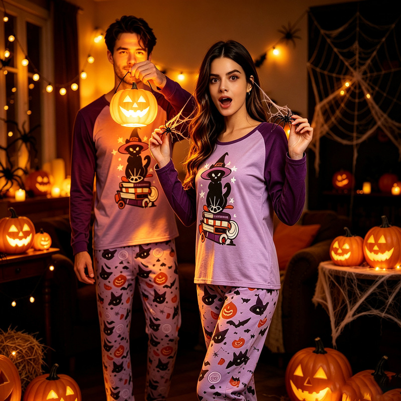 2026 New Halloween Couple's Home Pajamas, Long Sleeve and Pants, European and American Amazon Cross-Border Foreign Trade Factory Direct Sale