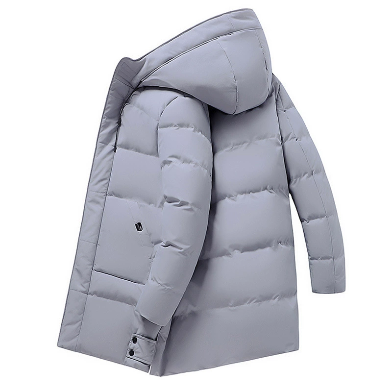 Long demi-season down jacket with down, mid-length, increased thickness