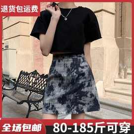 新款短裙春秋大码印花半身裙高腰包臀裙胖小众字短裙裤女