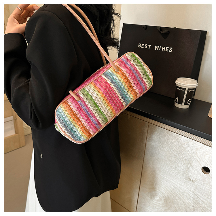 Women's Medium Straw Rainbow Vacation Classic Style Weave Oval Zipper Straw Bag display picture 10