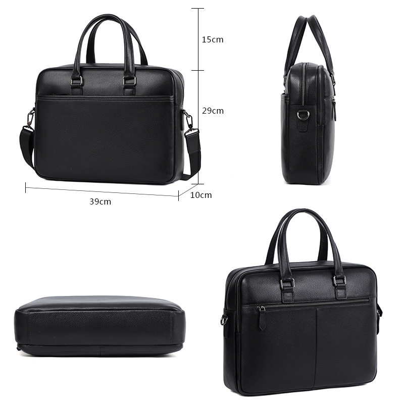 Túi xách tay nam da bò thật 39×10×29 cm có hai ngăn khóa kéo, đeo chéo một vai — Màu đen