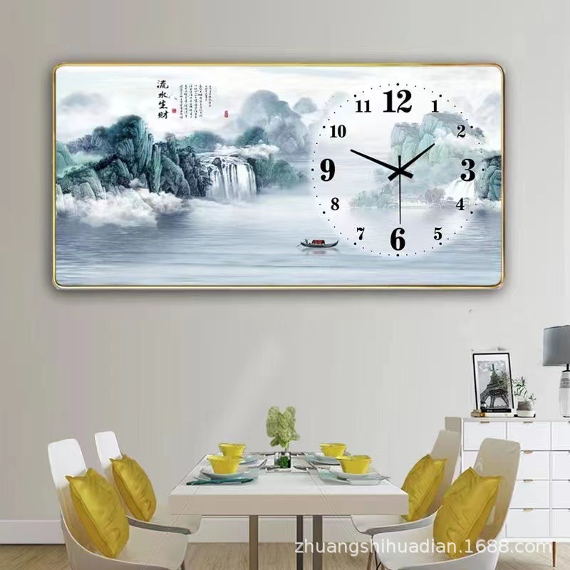 2023 nuevo restaurante pintura decorativa reloj luz comedor de lujo Fondo colgante de pared pintura cálida sala de estar reloj mural de Cristal