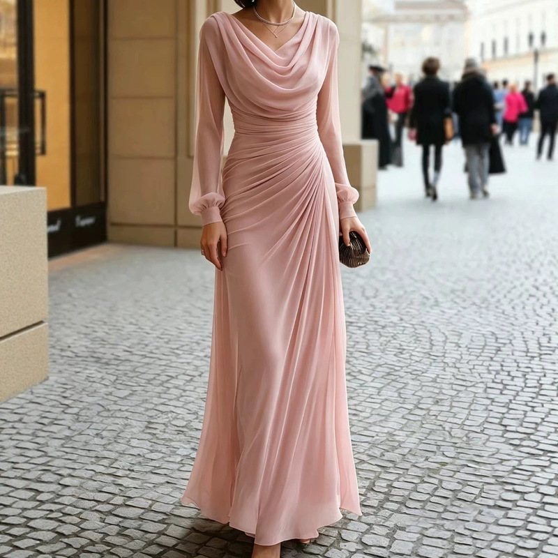 Amazon European and American cross-border elegant solid color ruffled long-sleeve dress, fashionable slim-fit women's foreign trade dress Amazon European and American cross-border elegant solid color ruffled long-sleeve dress, fashionable slim-fit women's foreign trade dress