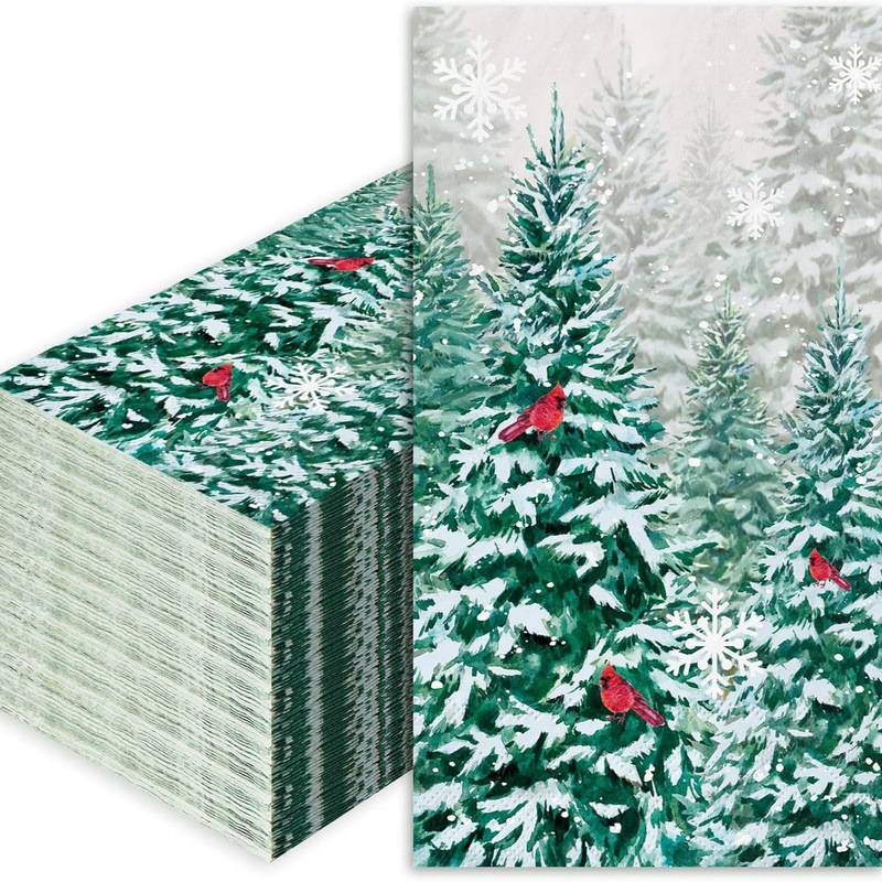 Winter napkins, disposable pine tree guest napkins, winter snow forest red, bright red, decorative handkerchiefs