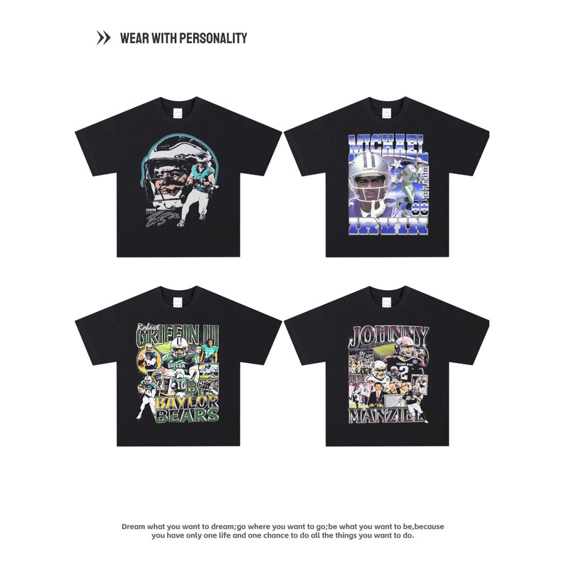 Nfl Football T-Shirt Washed Old American Vintage Pure Cotton Loose Casual Round Neck Short-Sleeved Men and Women Ins Trend