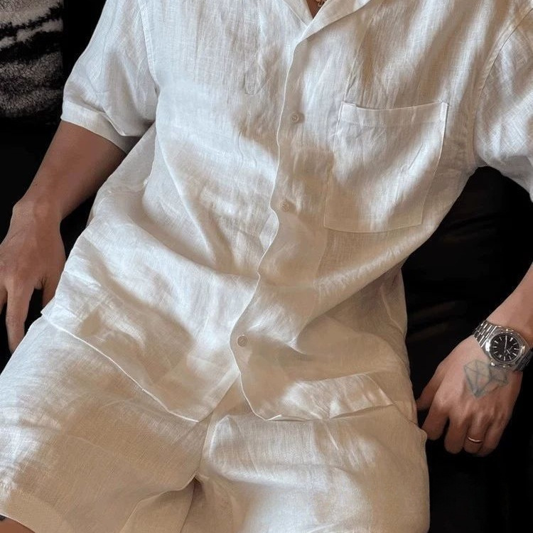 Old Money Style Linen Suit for Men, Summer Plus Size 150kg Mature Style Outfit, a Set of Shirt and Shorts, a Stylish Two-Piece Set Old Money Style Linen Suit for Men, Summer Plus Size 150kg Mature Style Outfit, a Set of Shirt and Shorts, a Stylish Two-Piece Set