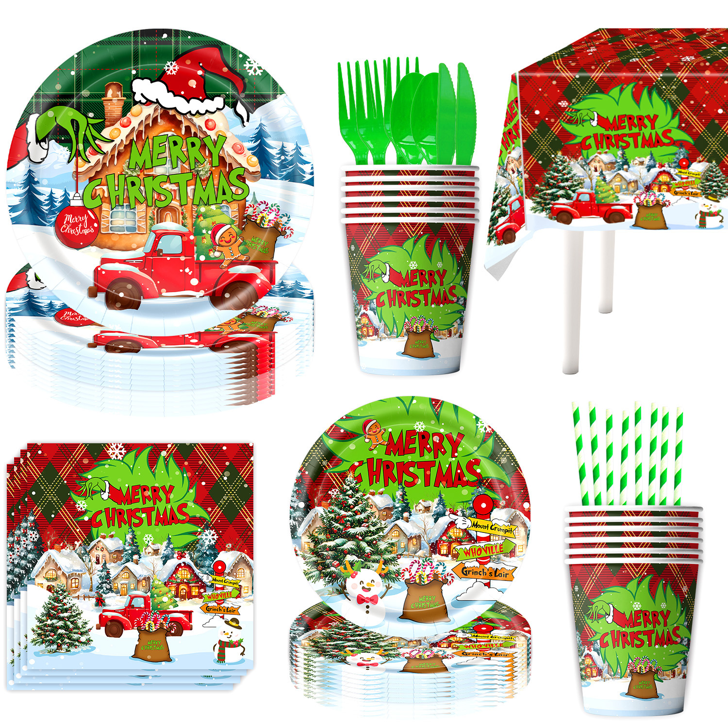 Nuevo tema transfronterizo de Navidad Grinch cubiertos de fiesta de cumpleaños bandeja de papel desechable toallas de mesa decoración banner