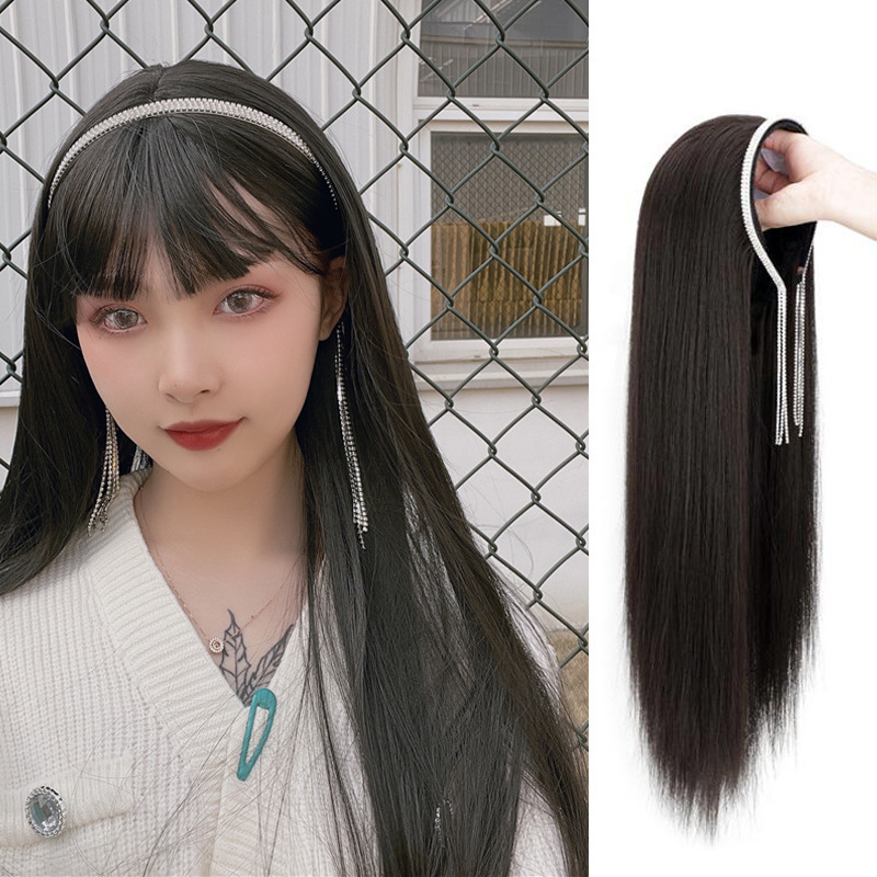 Wig women's long hair crystal tassel hairband U-shaped net half head cover long straight hair detachable headband half head cover wholesale Wig women's long hair crystal tassel hairband U-shaped net half head cover long straight hair detachable headband half head cover wholesale
