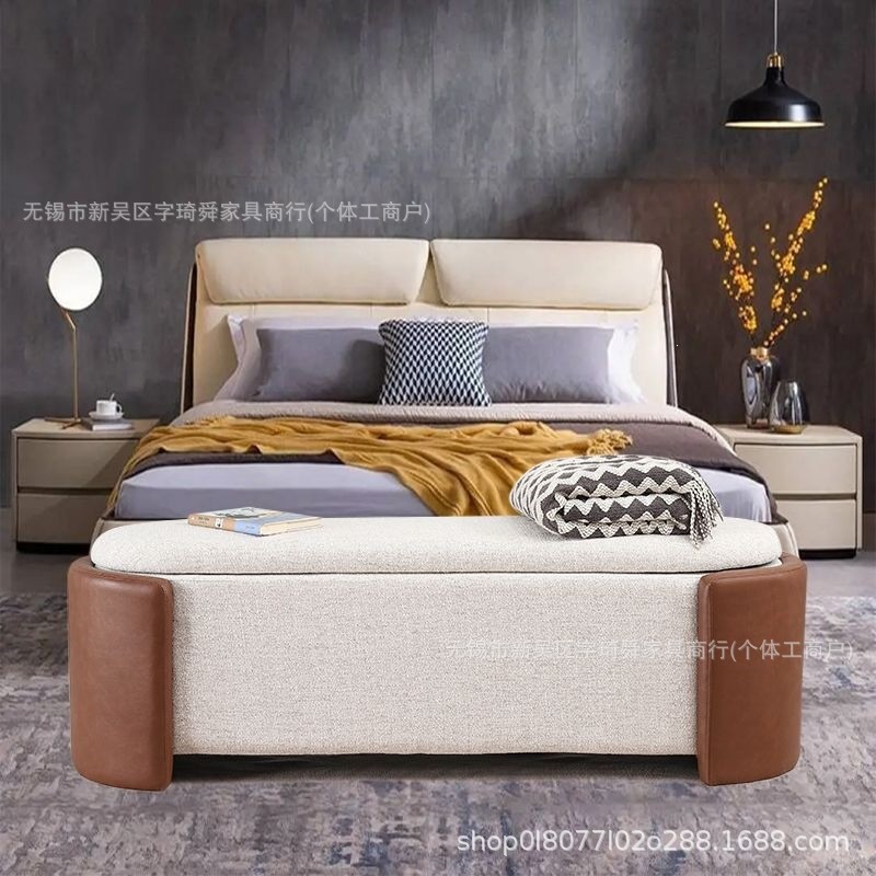 Italian minimalist color-blocked leather and fabric storage bench, end-of-bed bench, bedroom side bench, dressing room shoe-changing stool