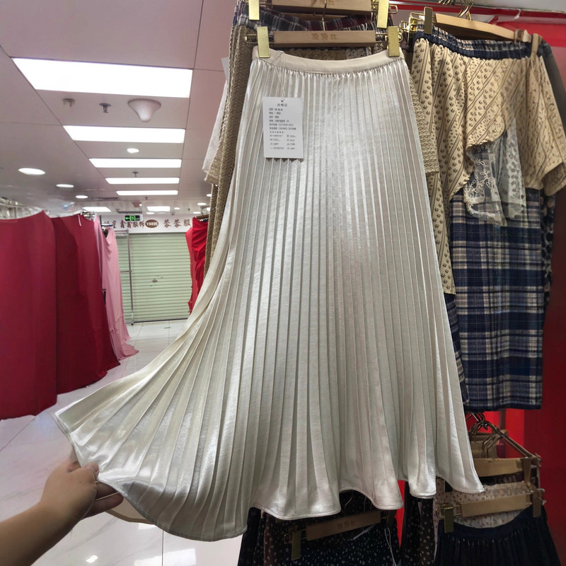 Fine Glittering Pearlescent Satin Pleated Skirt for Women 2025 Autumn New Elegant Draped Accordion Pleated Fishtail A-Line Long Skirt