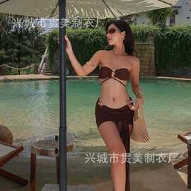新款欧美时尚潮款沙滩分体泳衣抹胸金属环高级感泳装性感比基尼女