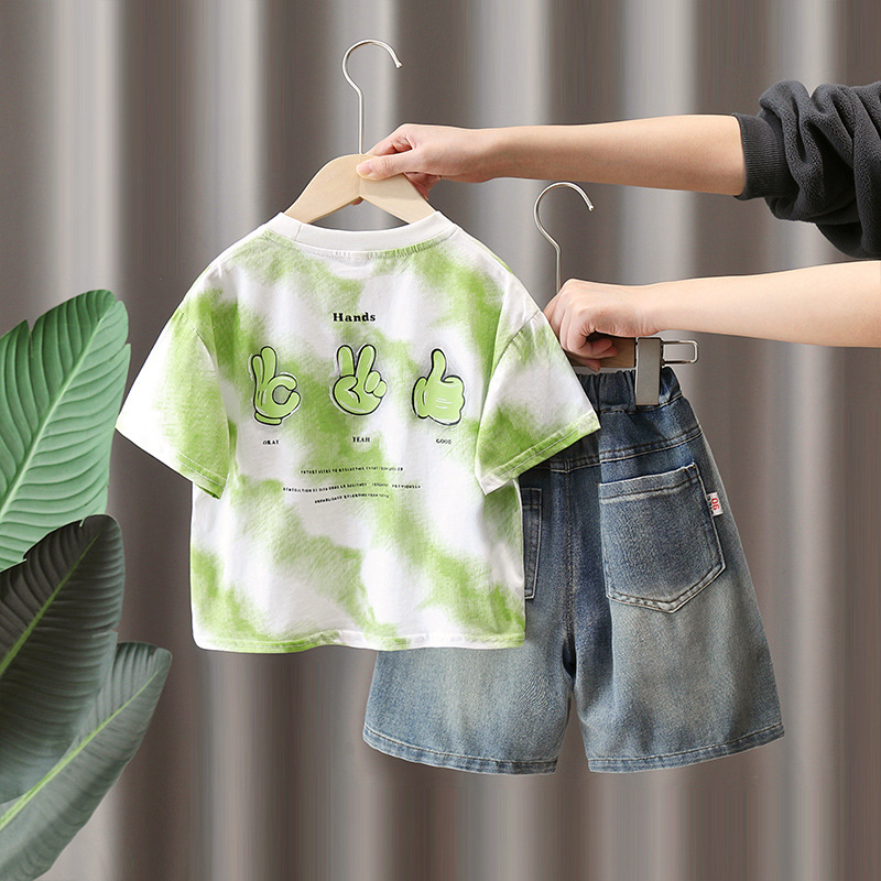 7281 Traje de verano para niños 2025 Nuevo estilo Camiseta estampada de manga corta para niños guapos Verano Versión coreana de dos piezas Verano