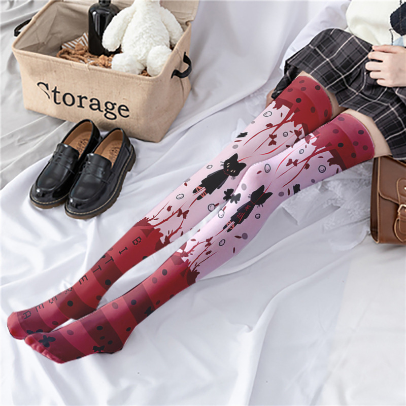 Anime Japanese Cartoon Knee Print Stockings - Pink