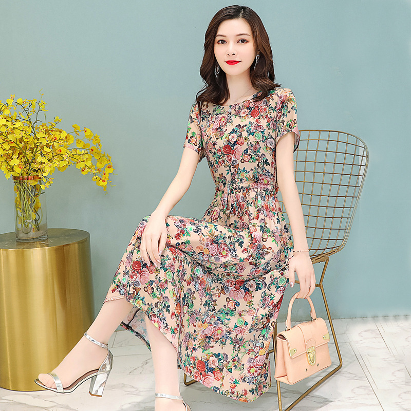 Middle-Aged Mother's Cotton Silk Printed Dress Women's Summer Short-Sleeved Mid-Length Loose Large Size Slimming Look Skirt