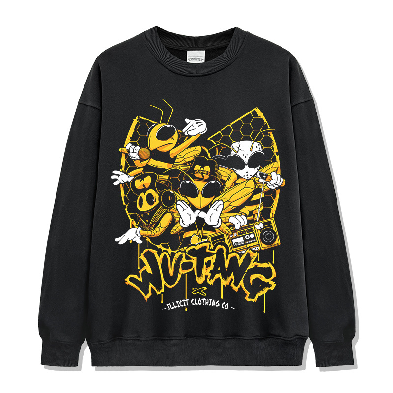 Wu-tang camiseta de manga corta retro americana con estampado lavado y desgastado suéter con capucha y cuello redondo suelto de algodón pesado