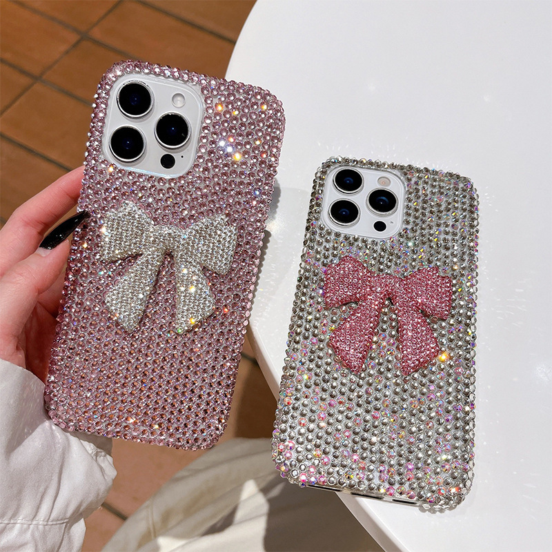 Three-Dimensional Bow Rhinestone Phone Case Suitable for Apple 17 Pro Max, Shiny Colorful Apple 16 Protective Case, Luxurious