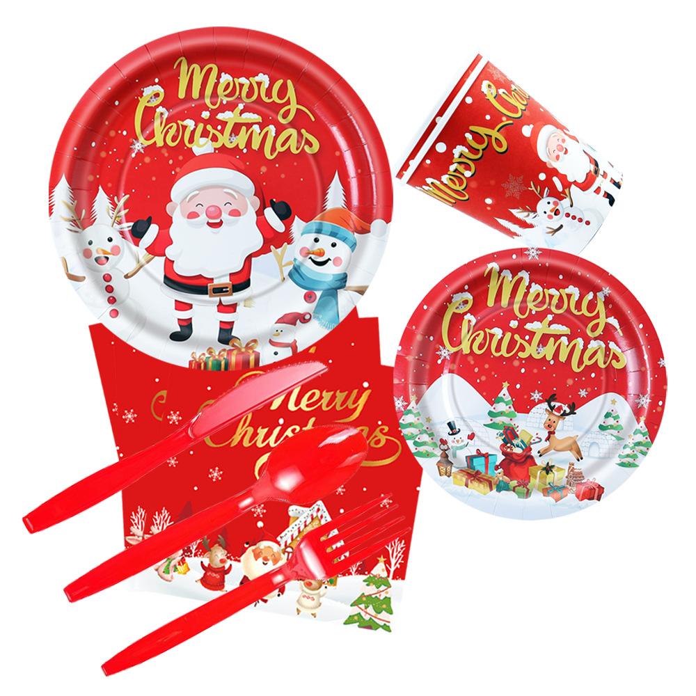 Navidad transfronteriza temática de decoración de la fiesta suministros de decoración de la bandeja de papel desechable de Navidad toallas de papel tazas y cubiertos set