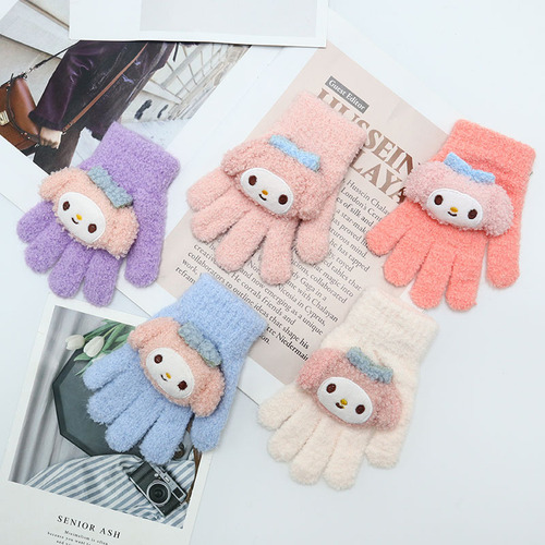 Melody Children's Cartoon Gloves, Warm and Cute Princess Fleece Warm and Cold Five-Finger Glove, Thickened for Girls in Winter