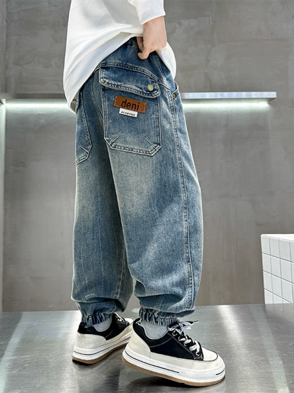 男の子用デニムパンツ 春秋新作 中高生向け カジュアルストレートパンツ 子供用ワイドパンツ スポーツパンツ|undefined
