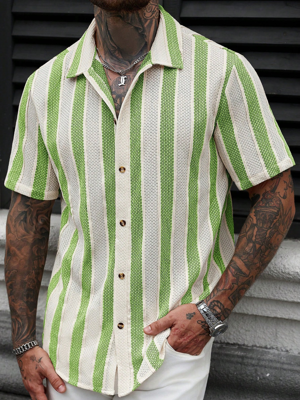 European and American Cross-Border Men's V-Neck Shirts, Business Casual American-Style Short-Sleeved Collared Trendy Shirts, Youth Fashion Tops