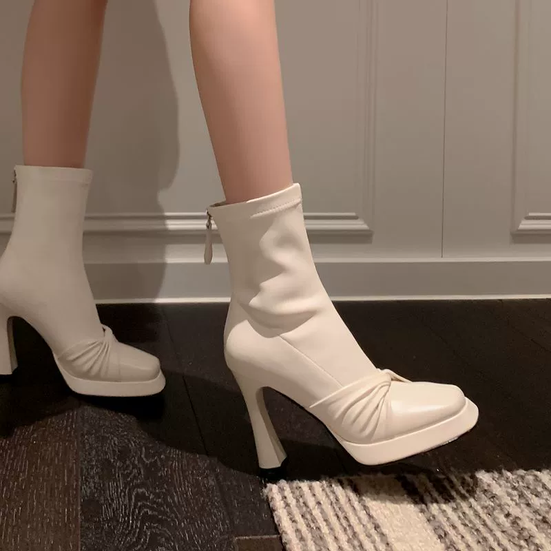 Осенние и зимние туфли на высоком каблуке женская голова толстый каблук на высоком каблуке водонепроницаемый стол короткие сапоги женские не белые черные эластичные сапоги