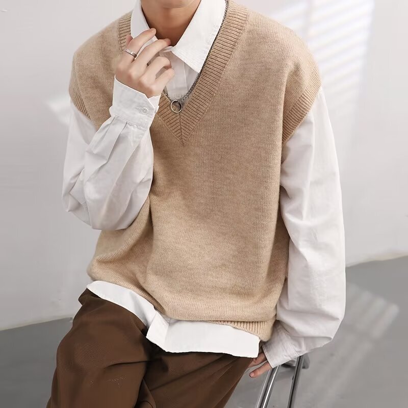 Sleeveless Knitted Vest Vest Men's Autumn Korean Style Loose Fashionable Solid Color V-Neck Stacked Pullover Inner Sweater Sleeveless Knitted Vest Vest Men's Autumn Korean Style Loose Fashionable Solid Color V-Neck Stacked Pullover Inner Sweater