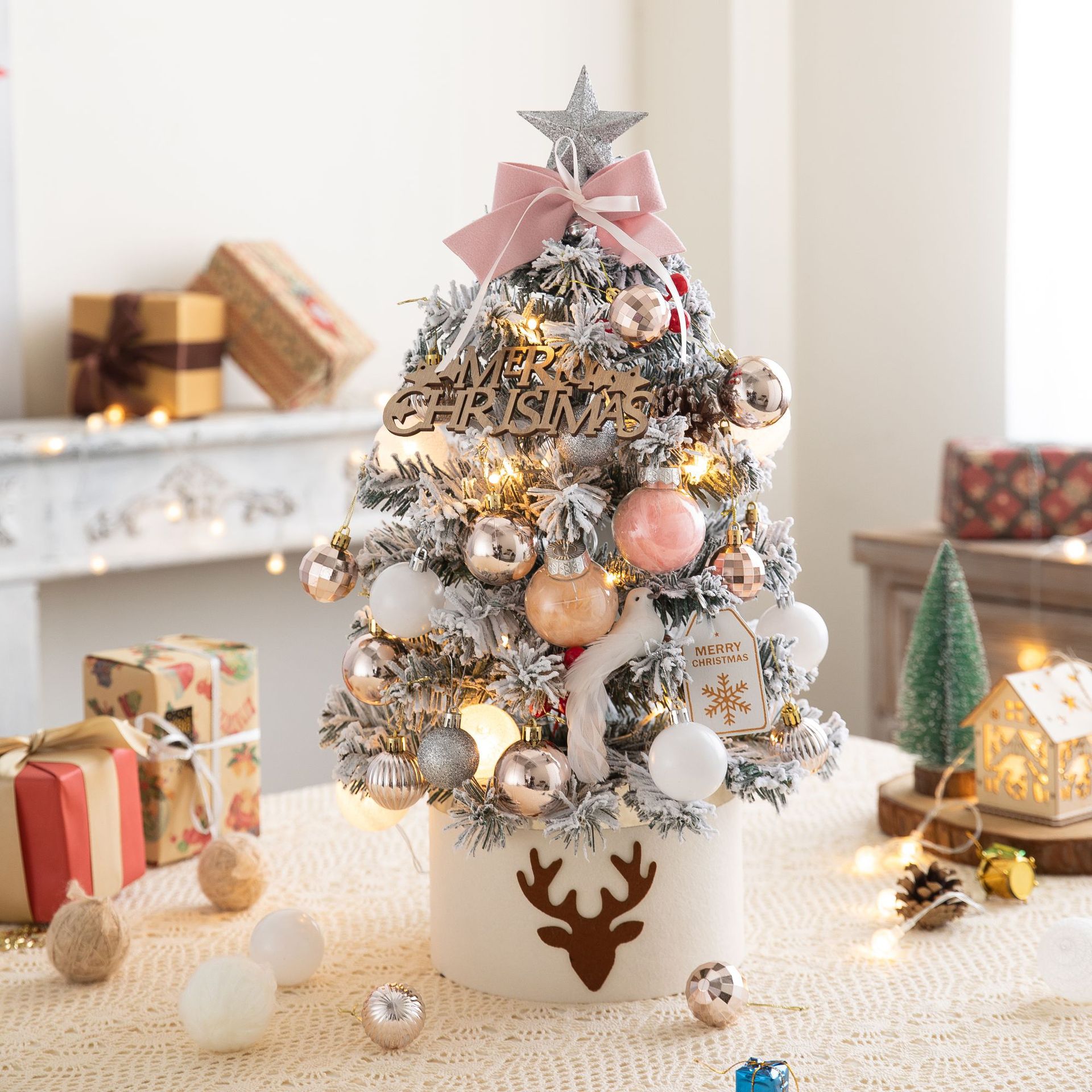 Escritorio mini árbol de Navidad traje 60cm rosa con luces árbol de Navidad flocado decoración de Navidad