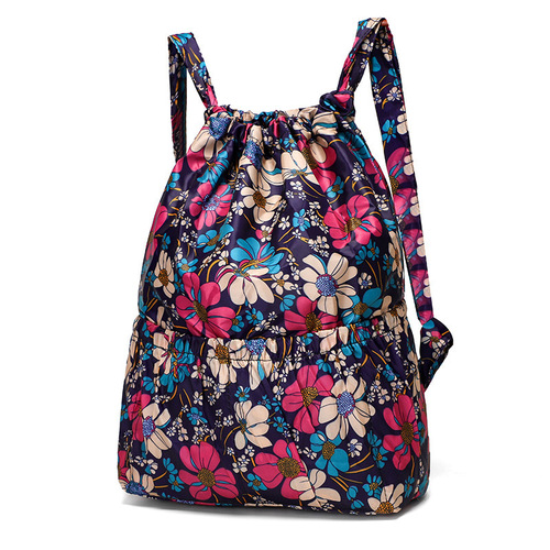 Cross-border floral fabric drawstring large-capacity backpack for women, foldable portable shopping bag, outdoor travel backpack