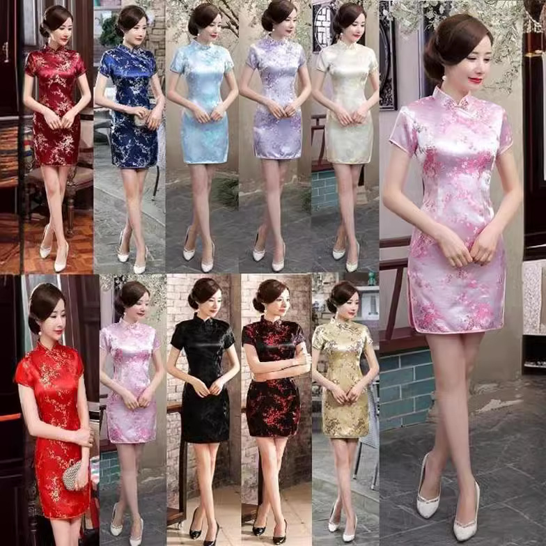 Traditional Silks and Satins Ancient Rhyme Tang Suit Dress Performance Costume Chinoiserie Retro Slanted Lapel Short Women's Cheongsam Golden