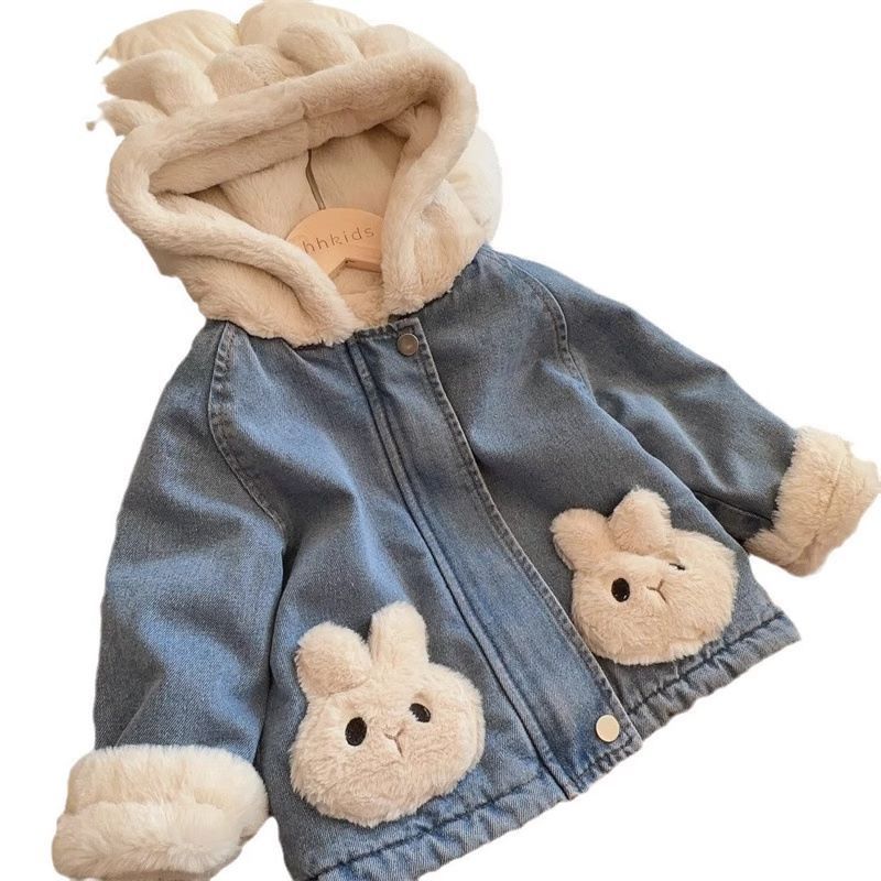Niñas con chaqueta de vaqueros encapuchados de lana de invierno 2025 nuevo bebé grueso abrigo de algodón caliente chaqueta de algodón de niña