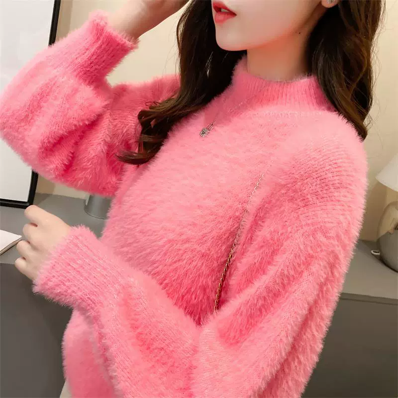 2023 Весна и Осень Зима Новый Корейский Стиль Фонарь Рукав Имитация Норки Бархат Макет Высокий Шея Свободный Однотонный Трикотаж Пуловер Свитер для Женщин