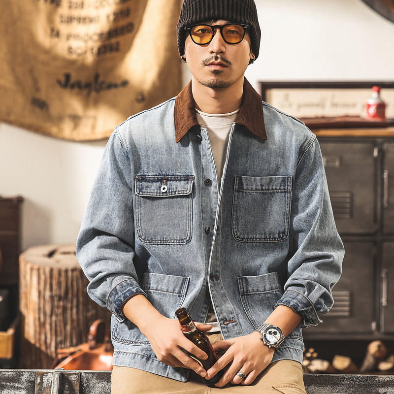 Barn-style washed workwear denim jacket for men, autumn trendy American corduroy turn-down collar denim coat for men