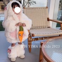 厂家直销韩国童装女童毛绒兔子耳朵套装冬装儿童洋气羊羔毛外代发