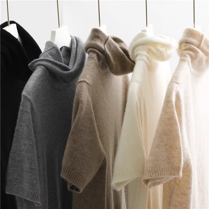 Autumn and winter turtleneck short-sleeve cashmere sweater for women, loose, casual, simple, suitable for commuting, Korean style, versatile half-sleeve sweater for layering