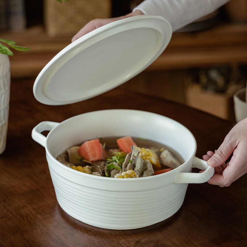 Cuenco de doble oreja grande súper práctico, tazón de sopa grande grueso de cerámica, tazón de verduras, tazón grande, tazón de fruta, tazón de olla picante