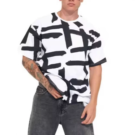 Трансграничная летняя хитовая мужская модная модная футболка большого размера с 3D персонализированным белым фоном и черной росписью с круглым вырезом и короткими рукавами для мужчин