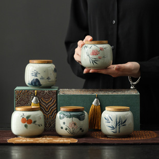 Geyao Hand-painted Tea Can Sealed Can Ceramic Moisture-proof Storage Can Green Tea Black Tea Pu'er Can Business Accompanying Gift