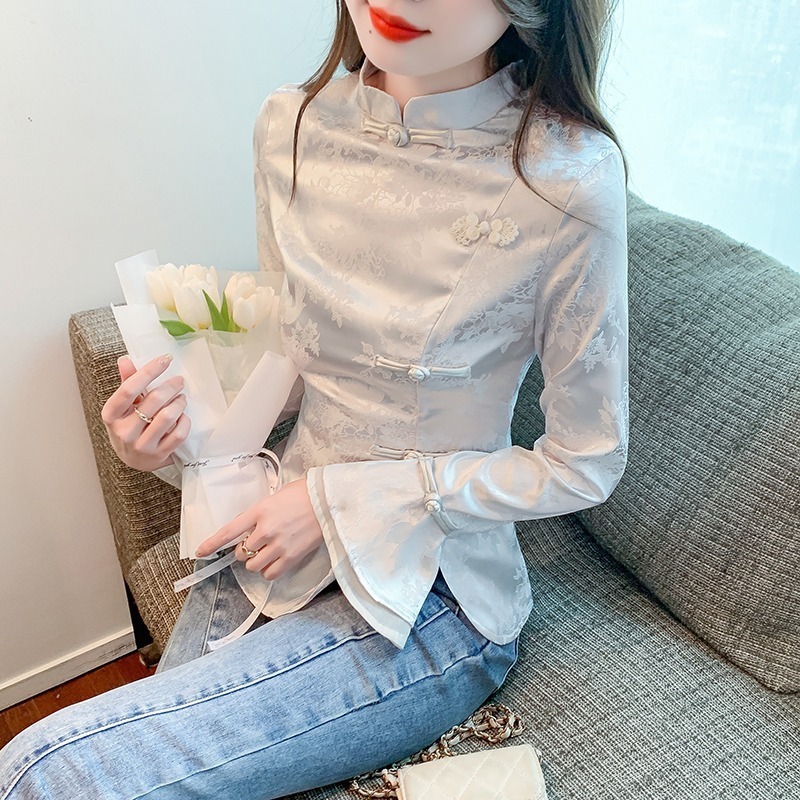 長袖中国風ボタンシャツ 2025 春と秋の新スタイル中国風レトロシャツ女性のジャカードスリムトップ|undefined