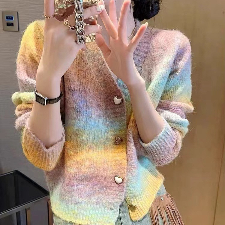 Kaning Heart-Shaped Button Gradient Rainbow Color Knitted Cardigan 2026 Autum New Fashion Sweet V-Neck Sweater