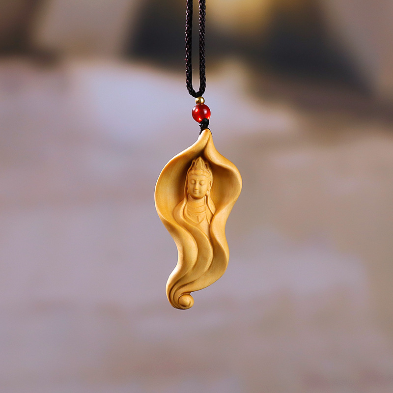 黄杨木雕荷叶观音中式脖挂吊坠手把件木质雕刻工艺品家居饰品挂件
