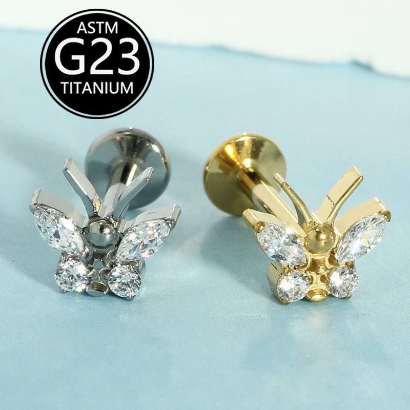 Silver pointed spike labret stud material detail