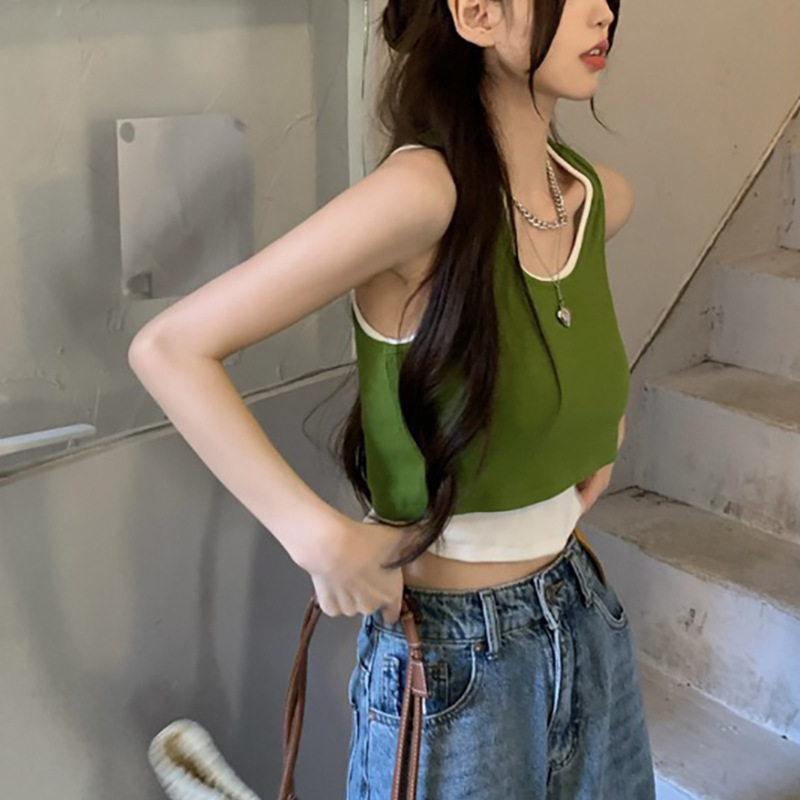 Stylish Faux Two-Piece Sports Tank Top for Women, Summer Hot Girl Style, Green Outerwear, Short Crop Top with Exposed Navel, Trendy Export Fashion