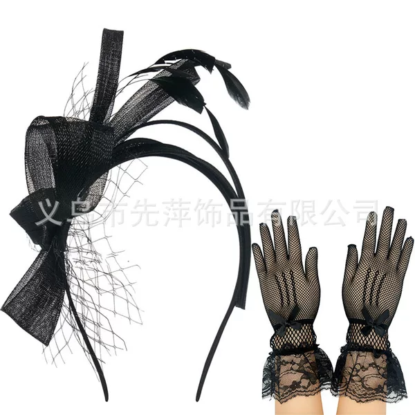 Amazon Mesh Feather Headwear Set Retro Headwear Party Performance Women's Feather Headband Two-Piece Set