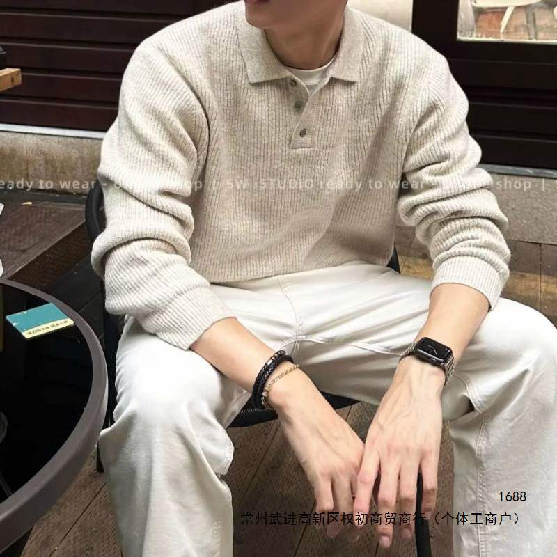 Autumn soft and thick knitted polo sweater, long sleeves, casual, simple, solid color, trendy business style, turn-down collar, in stock.
