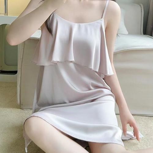 Summer Thin Ice Silk Mid-length Patchwork Lace Large Size Plus Size Belly Covering Sleeveless Home Wear Suspender Nightdress Women's Trendy
