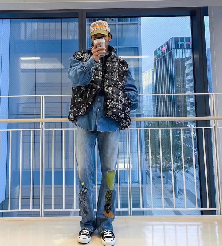 KAPITAL VINTAGE Kazuhiro Hirata ins style cactus embroidery handmade patch loose large size jeans_voghion.com