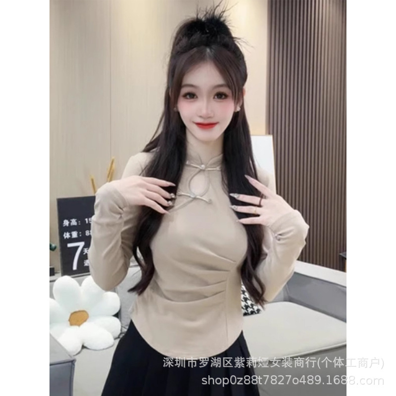 [1 × 1 스레드 벨벳] 반 높은 칼라 새로운 중국 스타일 국가 스타일 버클 티셔츠베이스 슬림 핏 긴 소매 탑