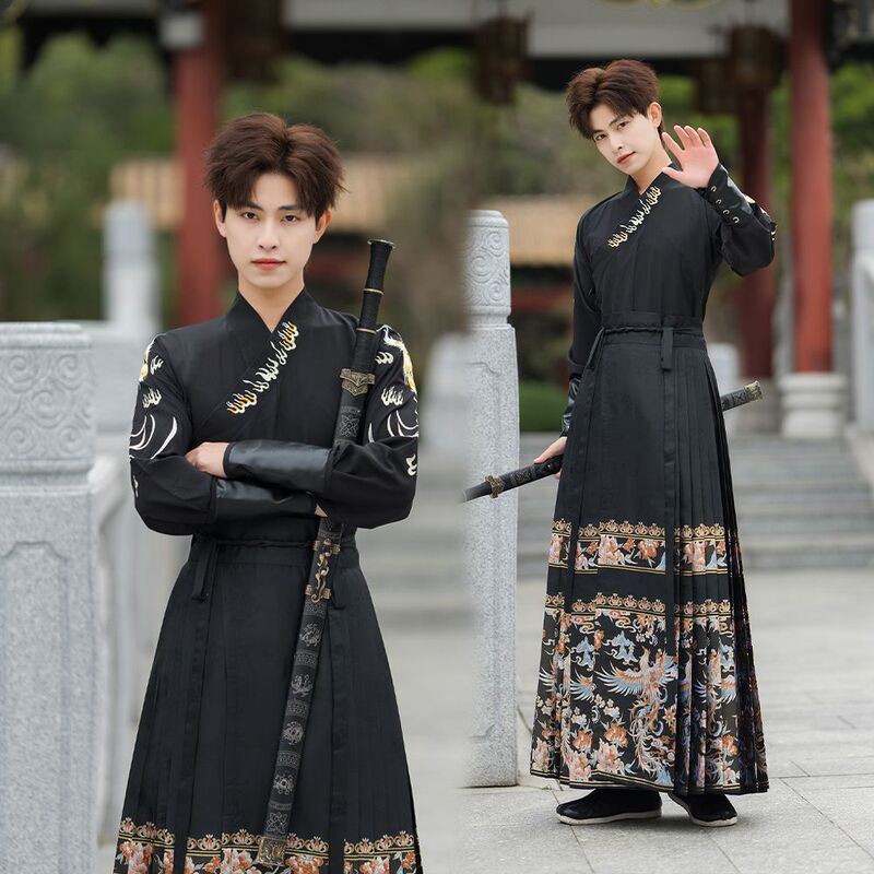 New Chinese-Style Hanfu Men's Printed Mamian Skirt, Tang Dynasty Half-Length Skirt, Cross-Collar Embroidered Top Set New Chinese-Style Hanfu Men's Printed Mamian Skirt, Tang Dynasty Half-Length Skirt, Cross-Collar Embroidered Top Set